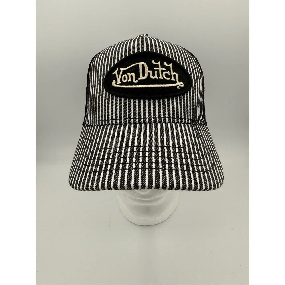 Von Dutch Black & White Pinstripe Railroad Mesh Trucker Hat Logo Patch OS NWT